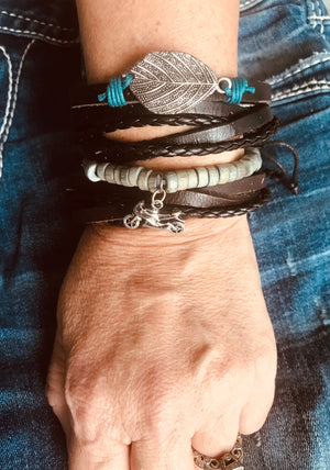 Brown & Black Leather Stack Bracelet with Motorcycle Charm